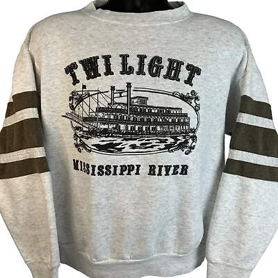 Mississippi River Twilight Riverboat Vintage 90s Sweatshirt Large USA Mens Gray • $46.49