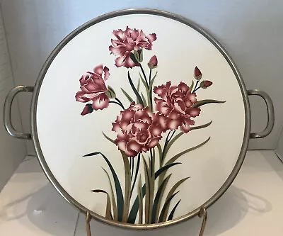 VTG MCM Carnations Floral Serving Cake Tray Round Chrome Ceramic W Handles 11 In • $22