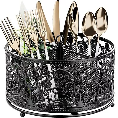 360Â° Rotating Utensil Caddy Silverware Cutlery Metal Flatware Organizer Black • $27.84