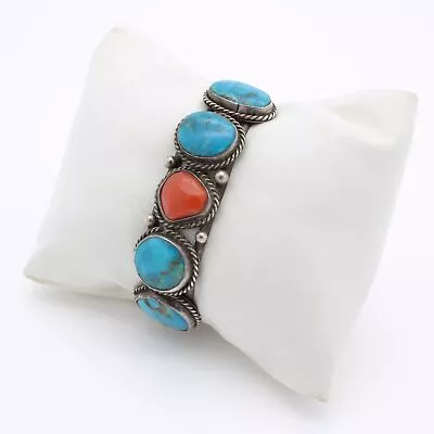 Vintage Native American Signed Sterling Turquoise & Coral Cuff Bracelet #S737-2 • $3.25