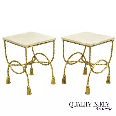 Italian Hollywood Regency Gold Gilt Iron Rope Tassel Marble Top Side Table Pair • $1650