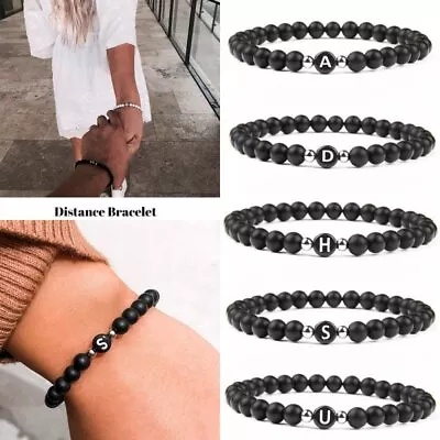 Frosted Stone Beaded A-Z Letters Initial Elasticity Bracelet Women Men Jewelry • £2.82