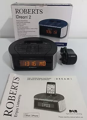 ROBERTS IDREAM 2 DAB ALARM CLOCK RADIO WITH IPOD IPHONE ( 30 PIN ) SOCKET • £49.99