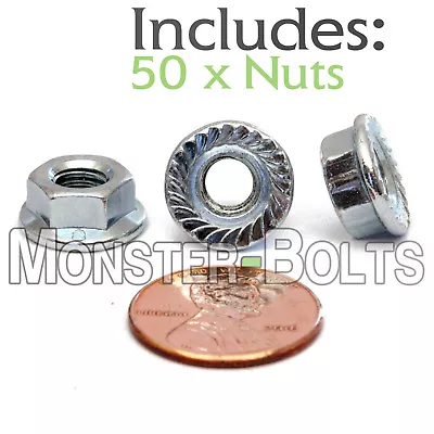 M6-1.0 / 6mm - Qty 50 - Class 8 Serrated Hex Flange Nuts DIN 6923 Zinc RoHS CR+3 • $8.23