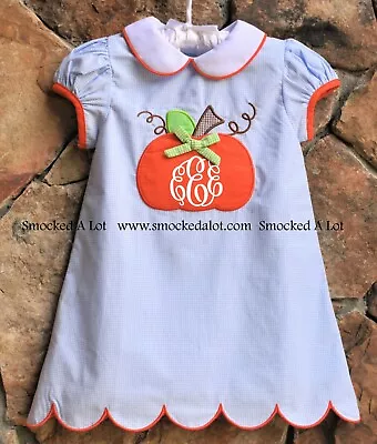 Smocked A Lot Girls Pumpkin Monogrammed Dress Peter Pan Collar Thanksgiving  • $42