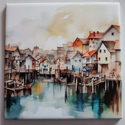 Ceramic Tile Picture Tile Photo Art Tile Watercolour Fishing Boats Harbour Decor • £19.99