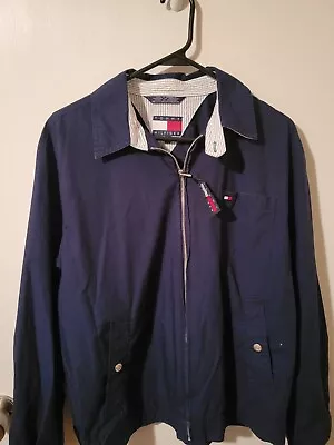 Vintage 90s Tommy Hilfiger Zip Up Harrington Jacket Windbreaker Navy Blue Large • $21.89