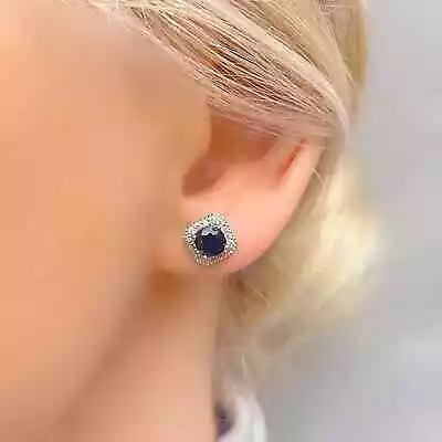 Round Cut Natural Blue Sapphire & Diamond Halo Stud Earrings In 14K White Gold • $464.05