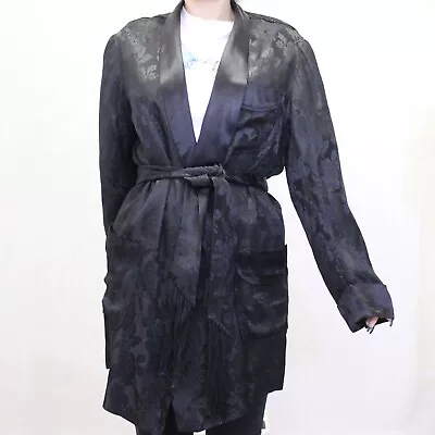 Vintage 50s Smoking Jacket Floral Black Embossed Robe With Fringe Belt • $110