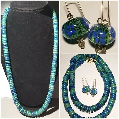 Vintage Blue And Green Wooden/Clay Bead Necklace + Murano Glass Earrings • $36
