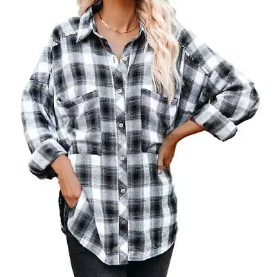 Womens Plaid Check Casual Buttons Shirt Tops Ladies Long Sleeve Loose Blouse UK • £10.69