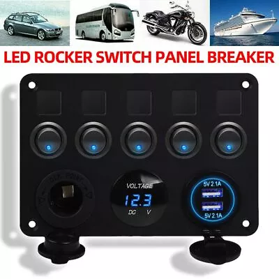 5 Gang Rocker Switch Panel Toggle Dual USB Blue LED For Car Boat RV Marine Truck • $21