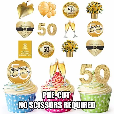 PRE-CUT Golden 50th Wedding Anniversary 36 Edible Cupcake Toppers Decorations  • £5.99