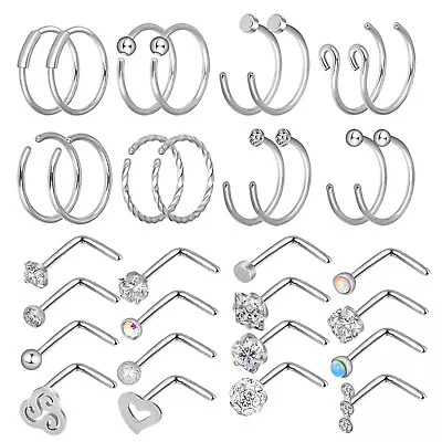 2-32PCS CZ Nose Hoop Ring L-Shaped Surgical Steel Pin Lip Ear Studs Piercing 20G • $3.59