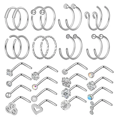 32PCS CZ Nose Hoop Ring L-Shaped Nose Pin 316L Surgical Steel Lip Ear Studs 20G • $10.99