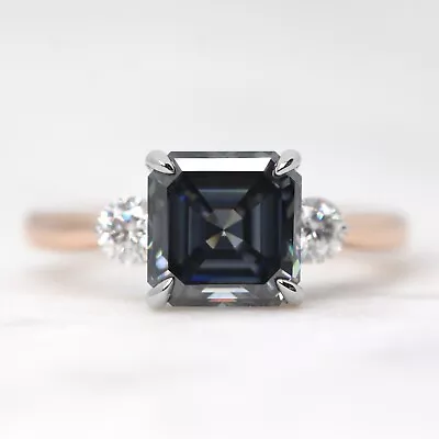 2 Ctw Square Asscher Cut Gray Moissanite Ring Three Stone Engagement Ring Woman • $145
