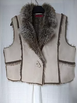 Sz L Fransa Faux Suede Sable Faux Fur Boho Gilet Body Warmer Excellent Cond • £8