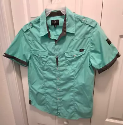 Marc Ecko Mens Large Cut & Sew Turquoise Gray Short Sleeve Casual Shirt NWOT • $15