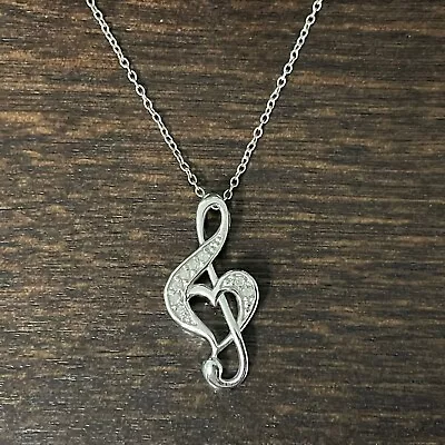 Sterling Silver 18  Treble Clef Diamond Pendant Necklace Heart Music Note 925 MO • $19.99