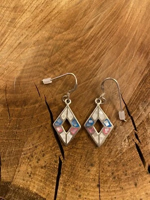 £10 • Buy Vintage ? 925 Sterling Silver Dangle Drop Diamond Shaped Earrings Mop Chips