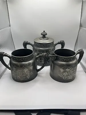 Antique Union Co Quadruple Plate Etched Silver Tea Set Cream Sugar Canister • $28