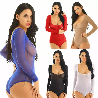 Womens Mesh Transparent Open Bust Long Sleeve Belly Dance Leotard Bodysuit Teddy • $13.11