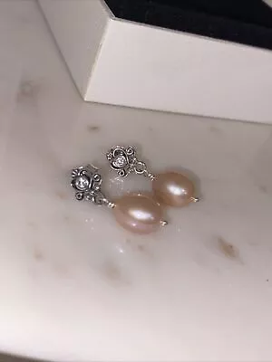 Genuine Pandora Retired Pink Fresh Water Pearl Dangle Earrings My Sweet Princess • £65