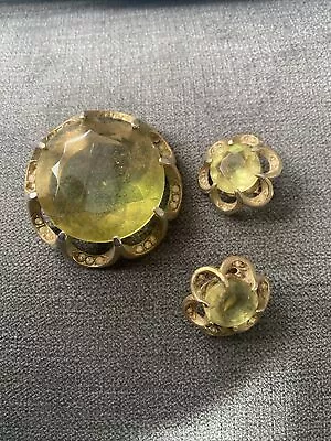 Genuine Vintage Brooch &  Earrings 50/60s Metal & Light Yellow Glass Centre • £4.99