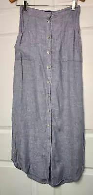 Tahari Women Small Blue 100% Linen Maxi Button Down Skirt Pockets Slits • $21.99