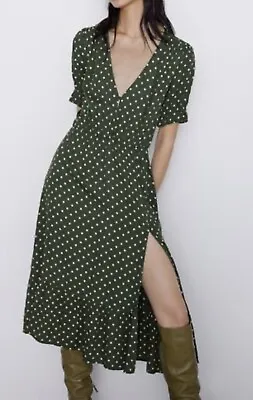 Zara Green Polka Dot V Neck Midi Dress SzM • £18.50