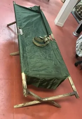 Vintage US Military Canvas Cot Folding Green Wood Portable Army Bed Camping   • $199.99