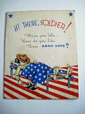 Humorous Vintage Used Military Greeting Card W/ Soldier On Army Cot   * • $21