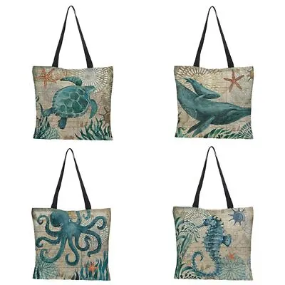 Reusable Eco Linen Tote Bag Shoulder Bags Seahorse Turtle Shopping Bags • $12.04
