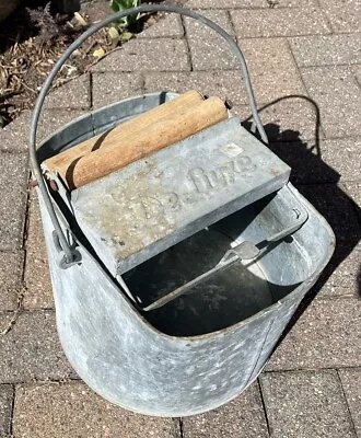 Vintage De Luxe Galvanized Metal Mop Bucket W/ Wood Roller & Handle Primitive • $25