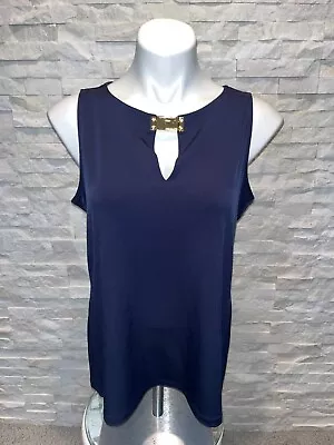 EUC Women's MICHAEL KORS Tank Blouse Keyhole Neckline Navy Gold Metal Accent L • $12.99