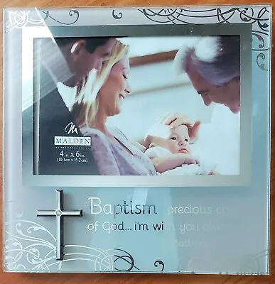 MALDEN 4x6 Baptism KEEPSAKE Photo Frame • Silver Metal Trim On Frosted Glass • $8.50