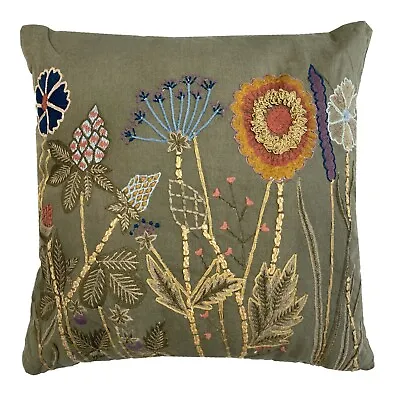 Wild Flowers Throw Pillow Cotton Embroidered Pillow Square Couch Pillow 18  • $29.95