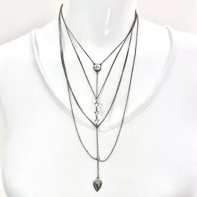 Faux Stone Linked Multi Chain Statement Necklace Silver Tone Vintage Strand#2134 • $13.99