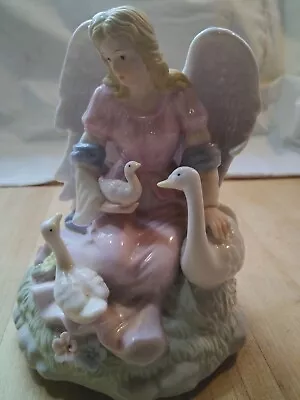 Sankyo Porcelain Music Box Angel W/ 3 Geese Played Ave Maria 6.25  Vintage • $30