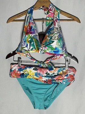 LAUREN Ralph Lauren 2 Pc Swimsuit Bikini Sz 10 Blue Paisley Neck Tie Back • £47.49