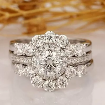 3Ct Round Moissanite Engagement Trio Set Bridal Ring Set 14K White Gold Plated • $146.99