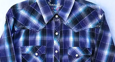 Rock 47 Shirt Mens Size Medium Blue Purple Plaid Pearl Snap Long Sleeve Western • $20