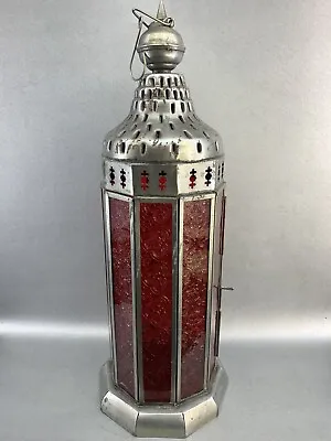 Vintage 18” Red Stained Glass Moroccan Hanging Lantern Candle Holder Boho • $32.95