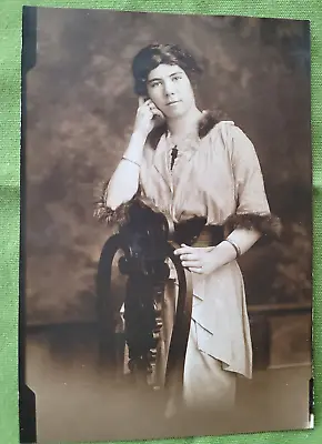 Vintage Photograph Young Lady Wearing A Fur Trimmed Dress Standing By Chair 1913 • $9.99