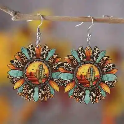 Sunflower Cactus Pendant Drop Earrings Leopard Vintage Wooden Western Women Gift • $9.98