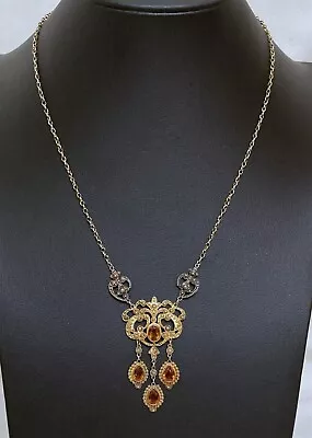 Vintage Victorian Edwardian-Style Faux Citrine Gold Tone Chandelier Necklace • $99