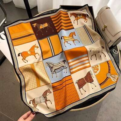 100% Silk 26  Square Scarf Women Neckerchief Wrap Brown And Orange Horse Pattern • $13.51