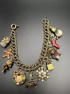 Vintage SWEET ROMANCE USA Bracelet 10 Christmas  Charms Crystals Enamel 8in. • $39.99