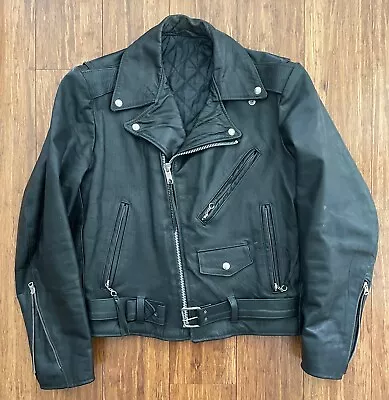 Vintage Quilt-lined Leather Motorcycle Jacket Full Belt Sz L-XL YKK Zip • $49.99