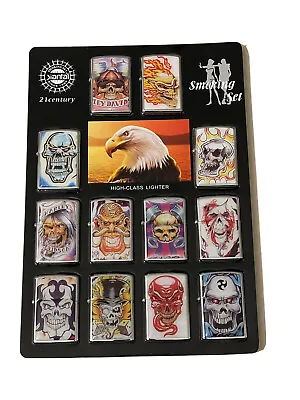 12 Pcs Windproof Oil Lighters Harley Davidson Style Skull Designs Great Display • $75.05